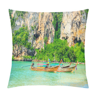 Personality  Beach With Mogotes, Long Tail Boat Krabi, Thailand Pillow Covers