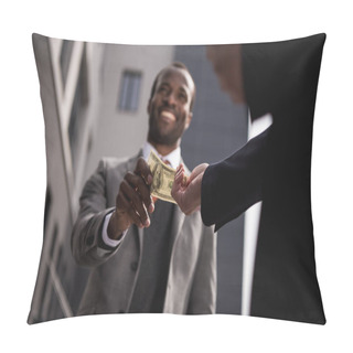 Personality  Young African American Businessman In Formalwear Taking Money Outdoors Pillow Covers