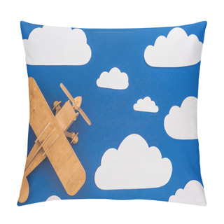 Personality  Top View Of Wooden Toy Plane In Blue Sky With Paper Cut White Clouds Pillow Covers