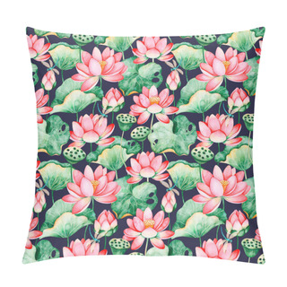 Personality  Lotus Watercolor Texture.Seamless Pattern On Dark Background With Water Lilies And Dragonflies Pillow Covers
