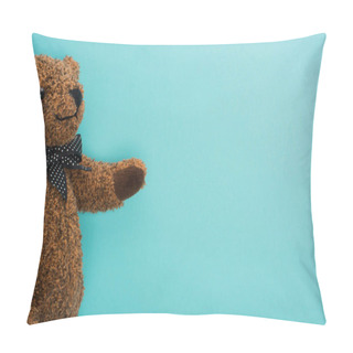 Personality  Top View Of Brown Teddy Bear With Bow On Blue Background Pillow Covers