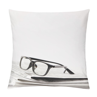 Personality  Close Up Of Newspapers With Black Eyeglasses, On White With Copy Space Pillow Covers