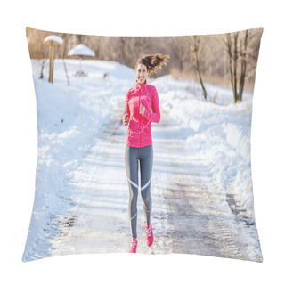 Personality  Full Length Of Smiling Caucasian Brunette In Sportswear, With Earphones In Ears And With Smart Phone In Hand Running In Nature. Wintertime. Outdoor Fitness Concept. Pillow Covers