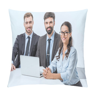 Personality  Smiling Business People At Workplace Pillow Covers