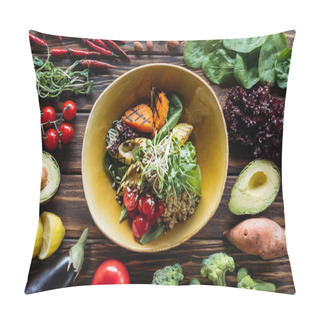 Personality  Flat Lay With Vegetarian Salad With Grilled Vegetables, Sprouts, Cherry Tomatoes In Bowl And Arranged Fresh Ingredients Around On Wooden Tabletop Pillow Covers