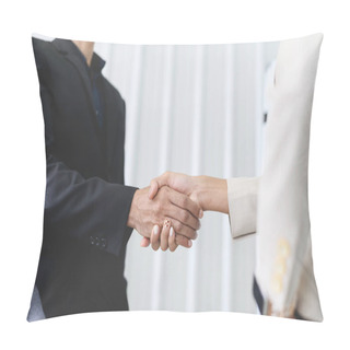 Personality  Closeup Of Business Partners Shaking Hands After Concluding A Business Finished. Businessman And Businesswoman Handshake In The Meeting Room. Business To Succeed Concept, Collaborative Teamwork Pillow Covers