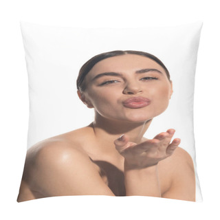 Personality  Cheerful Young Woman With Natural Makeup Pouting Lips While Sending Air Kiss Isolated On White Pillow Covers