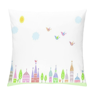 Personality  Town Scape Of Pointed Roofed Cute Houses And Trees, Birds Flying In The Sky Pillow Covers