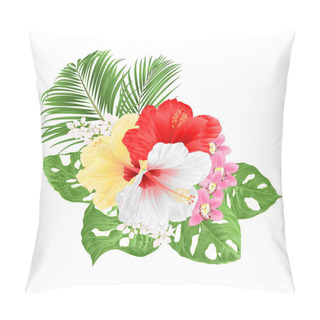 Personality  Tropical Hibiscus White Yelow Red And Orchids Cymbidium  Pink  Flowers And Monstera And Palm  Watercolor On A White Background Vintage Vector Illustration Editable Hand Draw Pillow Covers