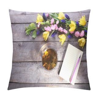 Personality  Cup Of Herbal Tea With Flowers On Wooden Table, Top View Pillow Covers