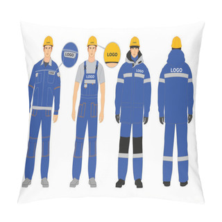 Personality  Workwear Branding. Blanks For Corporate Identity. Workwear Options. Blue And Gray Colors. Man In Winter Jacket And Overalls Pillow Covers