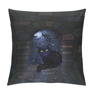 Personality  Happy Halloween Night Wallpaper With Black Cat, Vector Illustration Pillow Covers