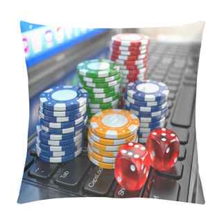 Personality  Virtual Casino. Online Gambling. Laptop With Dice And Chips. Pillow Covers