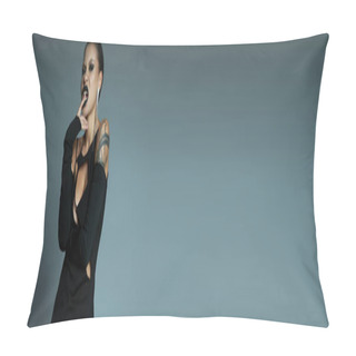 Personality  Stylish Tattooed Woman In Black Dress And Spooky Makeup Posing With Wicked Grimace On Grey, Banner Pillow Covers