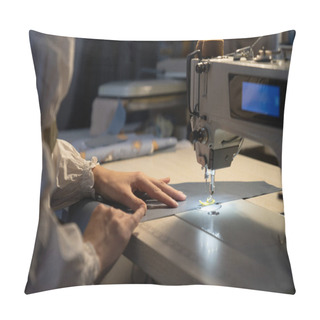 Personality  Woman Tailor Work On Sewing Machine Stitching Patterns Of New Collection. Closeup Shot Of Female Sewer Hand Dressmaking. Seamstress Use Professional Equipment For Tailoring. Garment Industry Concept Pillow Covers