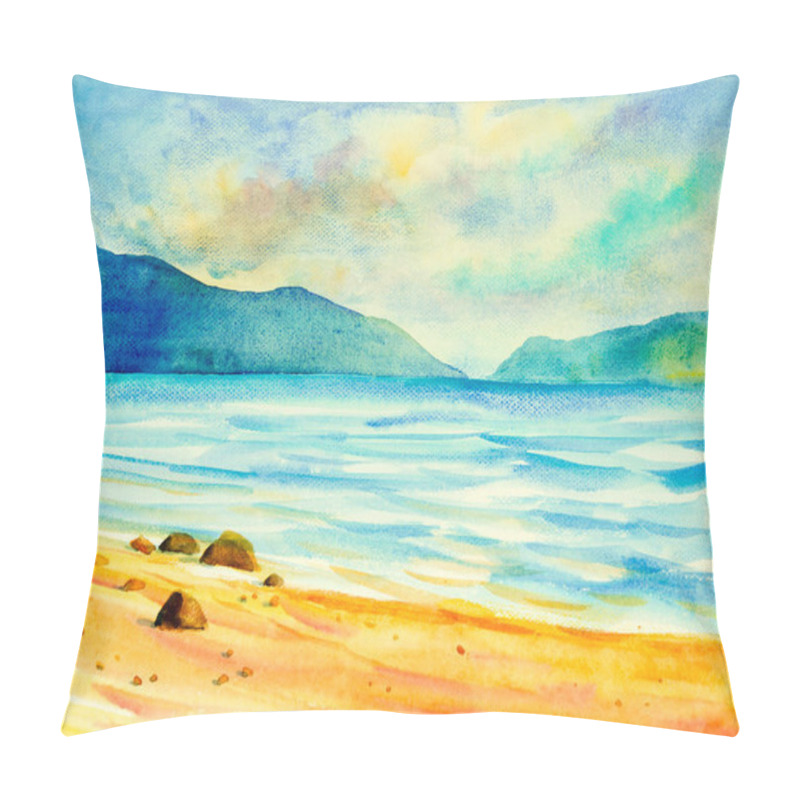 Personality  Watercolor seascape original  painting colorful of sea view,beach and sky cloud in the morning bright. Hand painted illustration beauty nature pillow covers