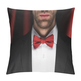 Personality  Cropped View Of Magician In Red Bow Tie In Circus With Red Curtains Pillow Covers