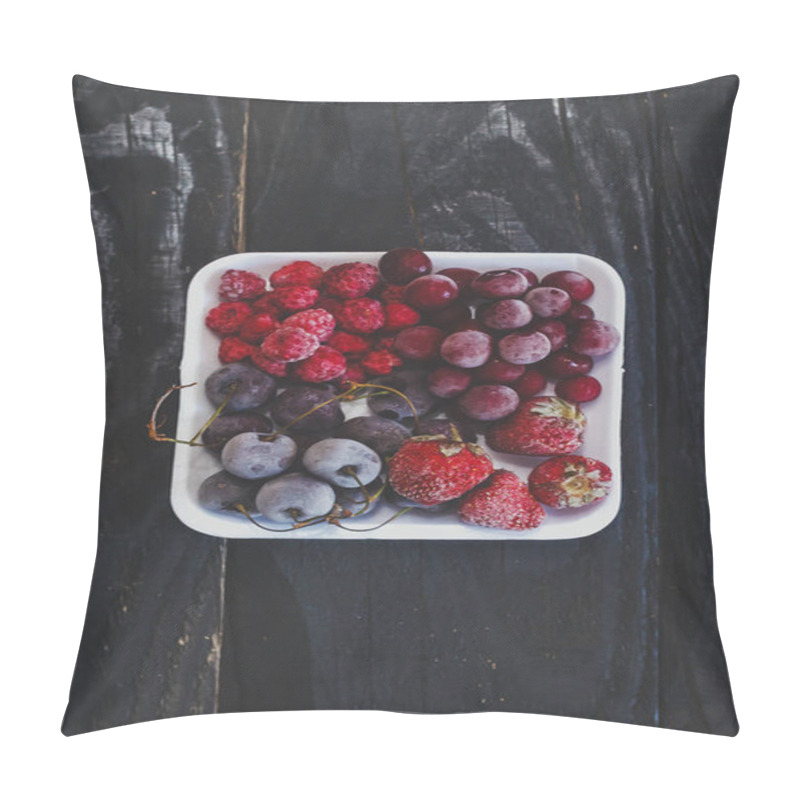 Personality  Homemade fresh frozen fruits. Healthy sweet dessert on dark rustic wood. pillow covers