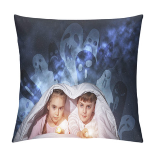 Personality  Scared Sister And Brother With Flashlights Hiding Under Blanket From Nightmare Monsters. Frightened Preschool Kids Sitting In Bed Together. Children In Pajamas And Boo Ghosts Silhouettes Above Them. Pillow Covers