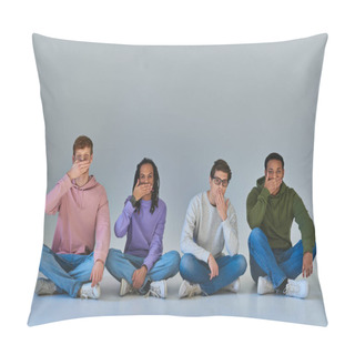 Personality  Four Multicultural Friends Sitting With Crossed Legs And Covering Mouths, Cultural Diversity Pillow Covers