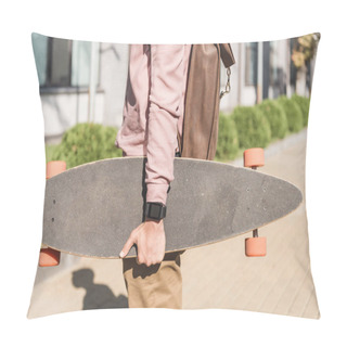 Personality  Partial View Of Man With Backpack Holding Longboard On Street Pillow Covers