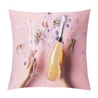 Personality  Cropped Image Of Woman Holding Bottle Of Champagne And Glasses Above Confetti On Party Table Pillow Covers