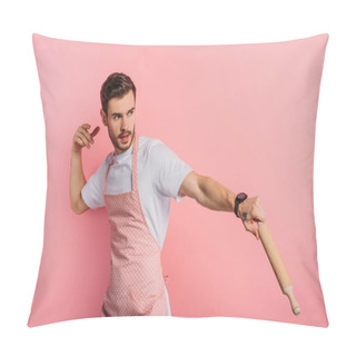 Personality  Concentrated Young Man In Apron Imitating Playing Baseball With Rolling Pin On Pink Background Pillow Covers