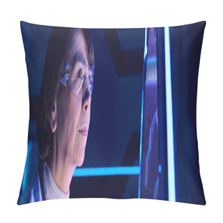 Personality  Futuristic Technologies, Middle Aged Woman Scientist In Goggles Examining Innovative Device, Banner Pillow Covers