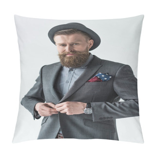 Personality  Man With Vintage Mustache And Beard Buttoning His Jacket Isolated On Light Background Pillow Covers