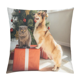 Personality  Cute Welsh Corgi Dog And Scottish Fold Cat On Gift Box Near Christmas Tree Pillow Covers