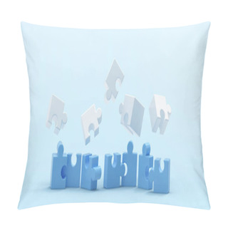 Personality  Creative Idea. Business Concept And Close Up Jigsaw For Success On Blue. Minimal Style, Copy Space, Digital, Banner, Website -3d Rendering Pillow Covers