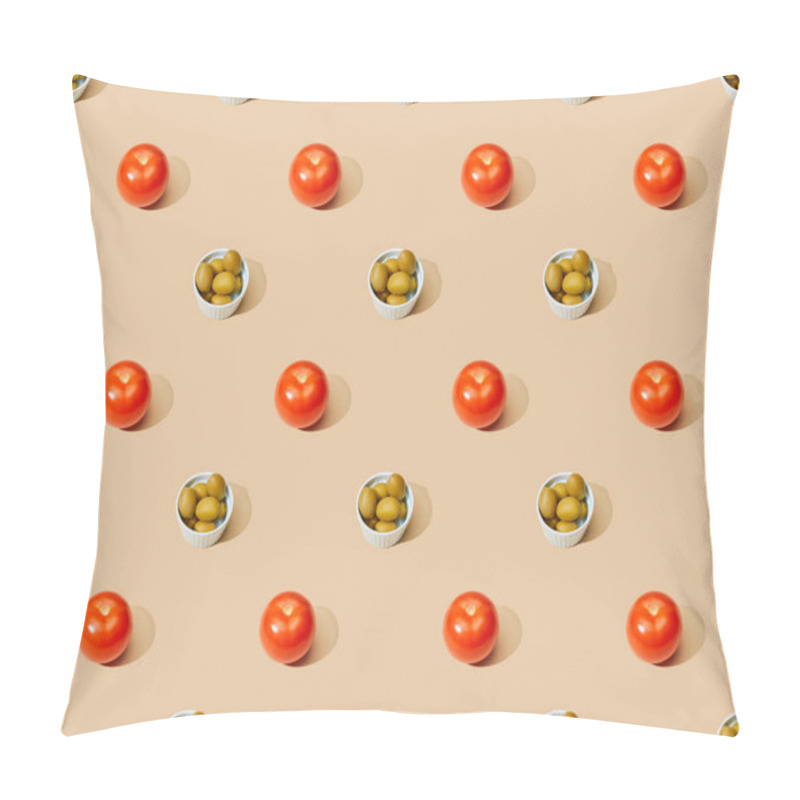 Personality  olives in bowls with tomatoes on beige background, seamless pattern pillow covers