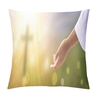 Personality   Help Concept: Hands Of God Over Blurred Autumn Sunset Background Pillow Covers