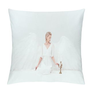 Personality  Beautiful Woman In Angel Costume With Wings Sitting Near Candelabrum With Candles Isolated On White Pillow Covers