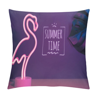 Personality  Summer Time With Pink Flamingo And Monstera Leaf With Neon Pink  Pillow Covers