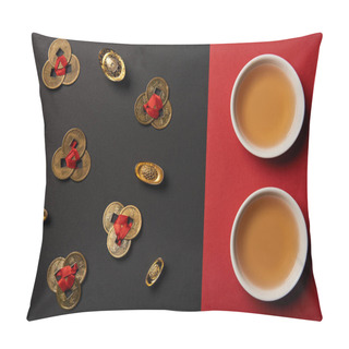 Personality  Top View Of Tea Cups And Feng Shui Coins On Red And Black Background  Pillow Covers