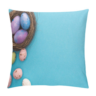 Personality  Top View Of Nest With Purple Chicken And Quail Eggs On Blue Background Pillow Covers