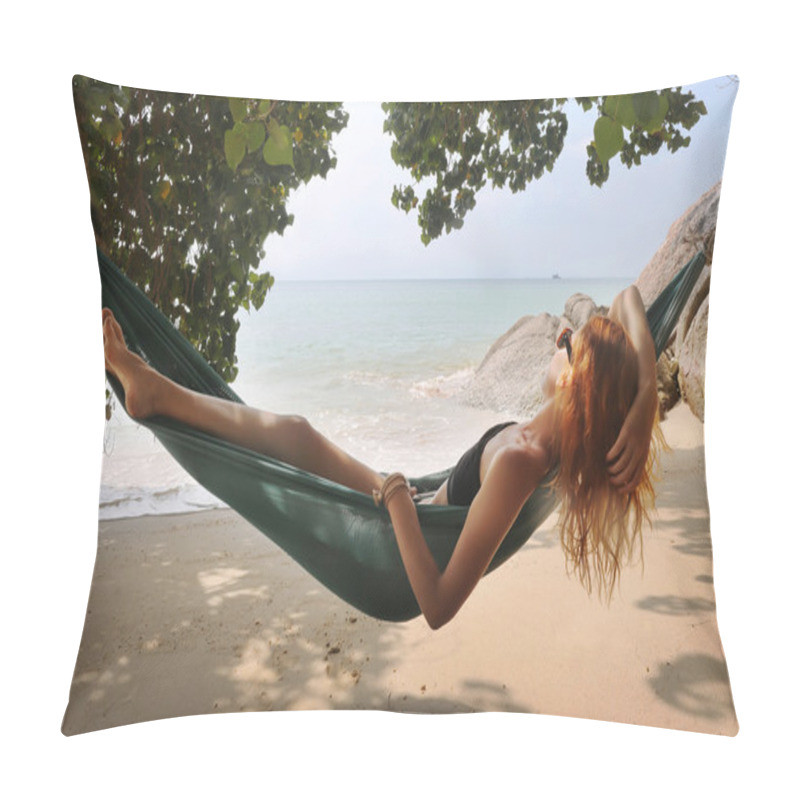 Personality  girl lying in a hammock in the shade on the beach in Koh Phangan pillow covers