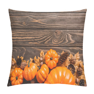 Personality  Top View Of Autumnal Decoration And Pumpkins On Brown Wooden Background Pillow Covers