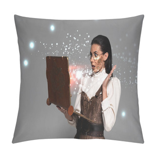 Personality  Shocked Steampunk Woman In Glasses Using Vintage Laptop With Glowing Illustration Isolated On Grey Pillow Covers