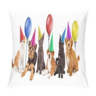 Personality  Puppies And Kittens In Party Hats With Balloons Pillow Covers
