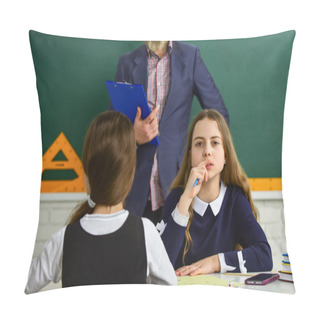 Personality  Focused And Concentrated Students. Control Process. Testing Students. Daily School Life. Back To School. Help And Support. Children And Teacher. Pedagogue. Watching Them. Teacher And Kids Classroom Pillow Covers