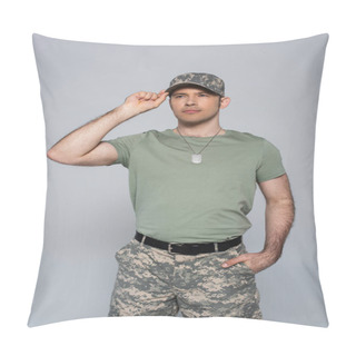 Personality  Patriotic Soldier In T-shirt Adjusting Military Cap During Memorial Day Isolated On Grey  Pillow Covers