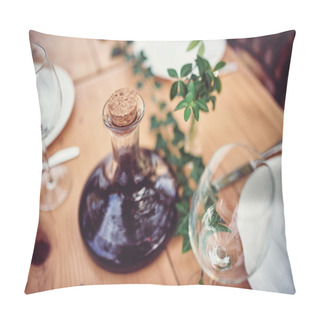 Personality  Wine Decanter And Glasses On Dining Table In Backyard Patio Pillow Covers