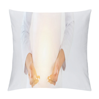 Personality  Panoramic Shot Of Healer Standing And Gesturing Near Light Isolated On White  Pillow Covers