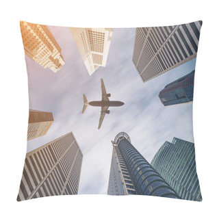 Personality  Airplane Flying Over City Business Buildings, High-rise Skyscrap Pillow Covers