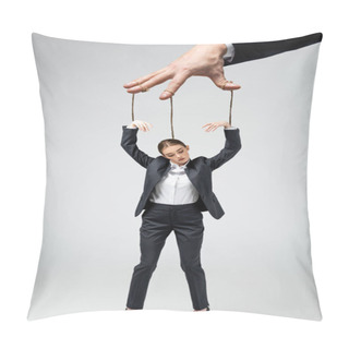 Personality  Cropped View Of Puppeteer Holding Businesswoman Marionette On Strings Isolated On Grey Pillow Covers