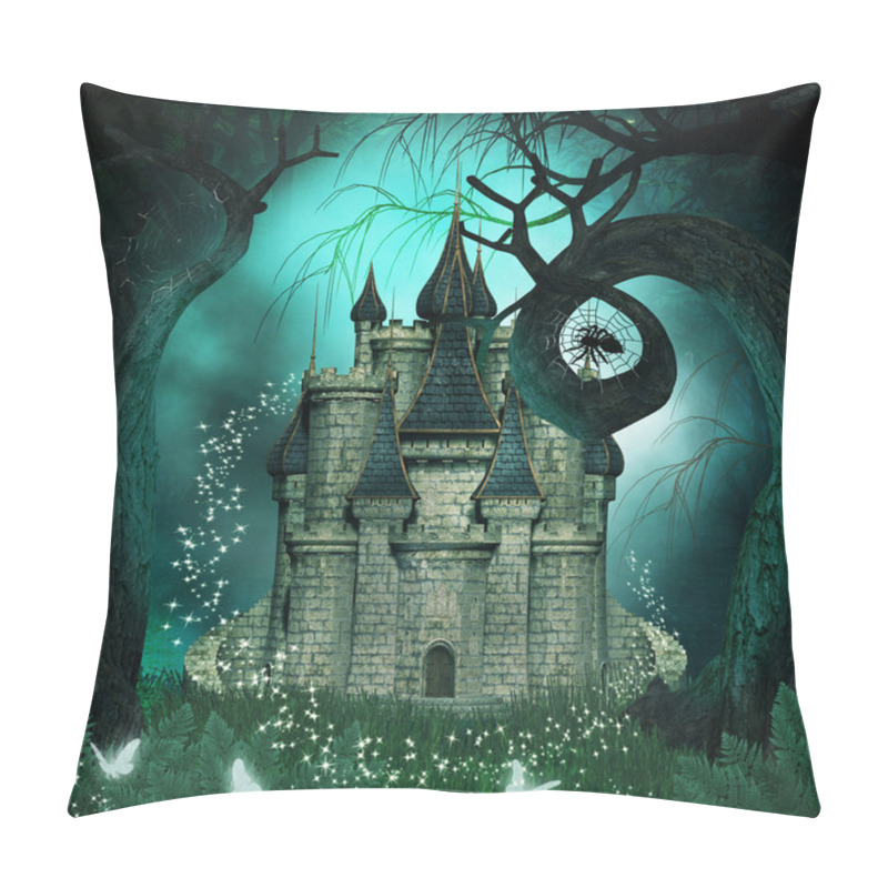 Personality  Magical background with a fantasy castle and creepy trees pillow covers