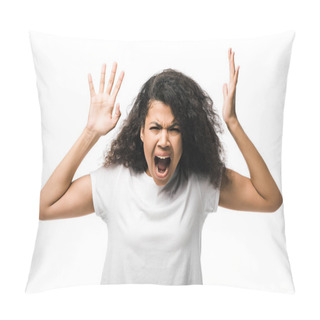 Personality  Angry African American Woman Gesturing While Screaming Isolated On White  Pillow Covers