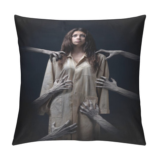Personality  Girl In A Dirty Robe, Hand Of Death, Nightmares, Insomnia, A Mentally Ill Woman, Halloween Theme, Creepy Dream, Hands Of The Demon, Hands Of The Devil In The Smoke, Horror Movie Scene With A Girl,fear Pillow Covers